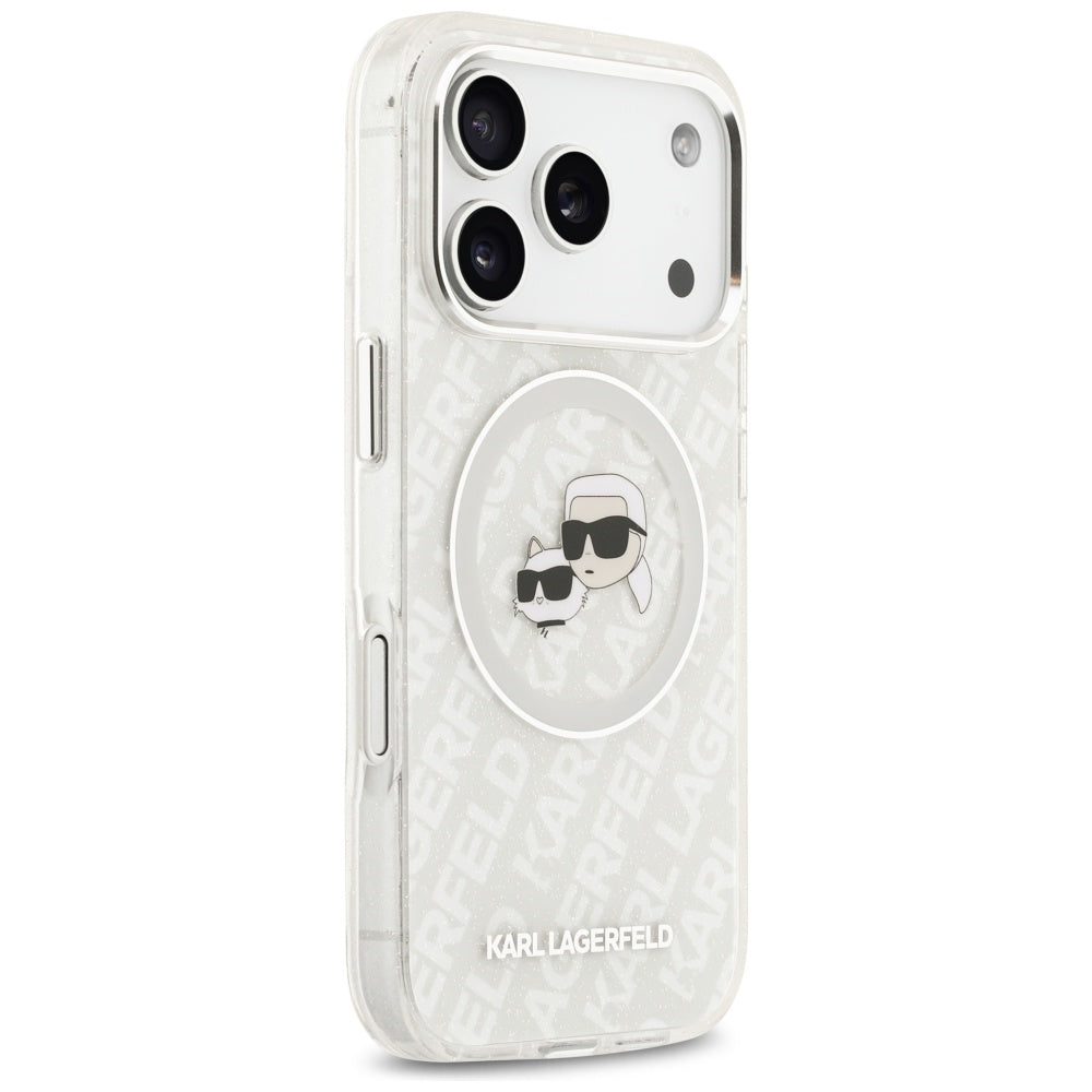 Puzdro MagSafe pre Apple iPhone 17 Pro Max, Karl Lagerfeld, Glitter Karl & Choupette Head, Biela