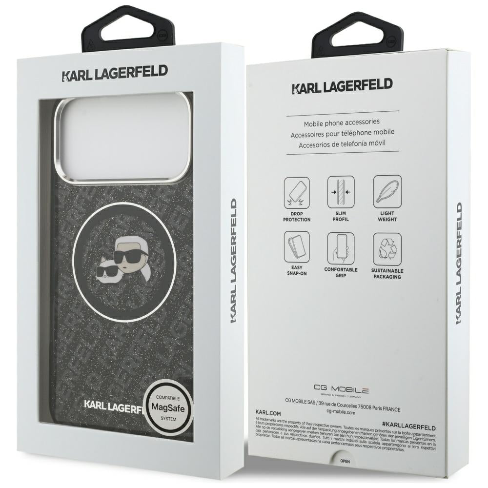 Puzdro MagSafe pre Apple iPhone 17 Pro Max, Karl Lagerfeld, Glitter Karl & Choupette Head, Čierne