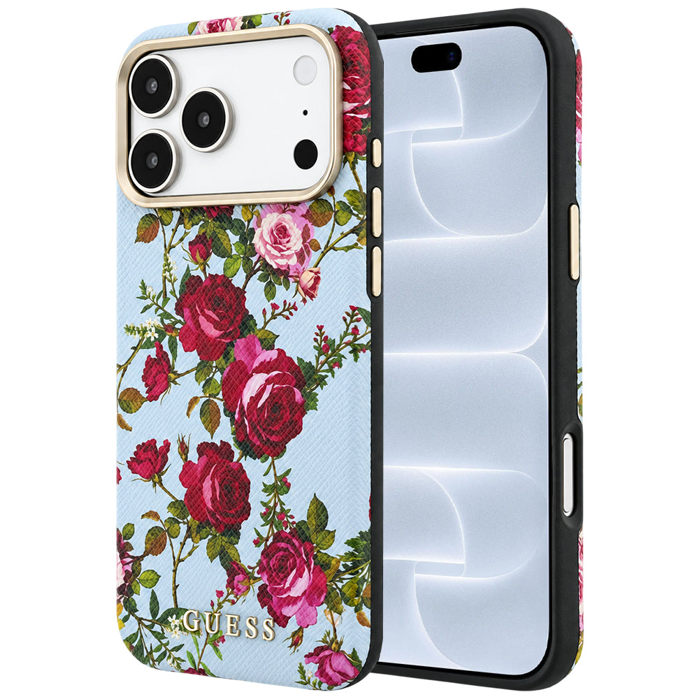 Puzdro MagSafe pre Apple iPhone 18 Pro / 17 Pro, Guess, Blossom Roses Print, modré