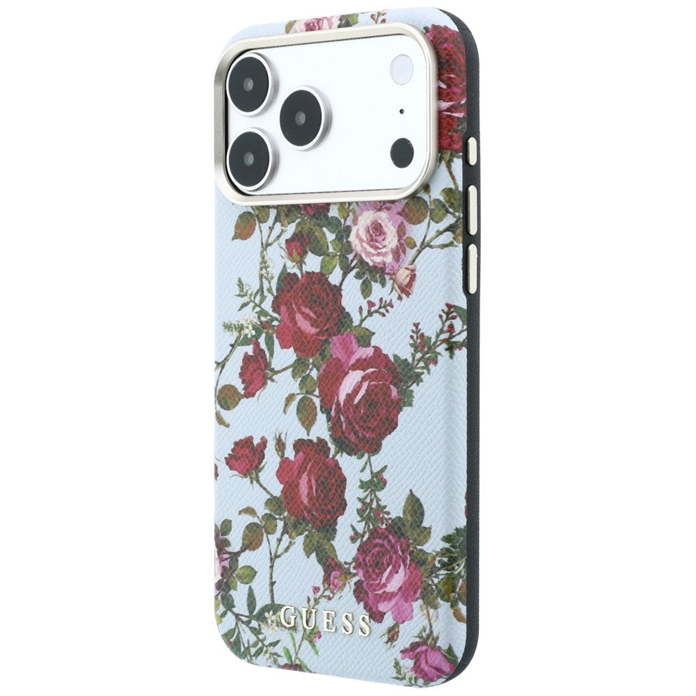 Puzdro MagSafe pre Apple iPhone 18 Pro / 17 Pro, Guess, Blossom Roses Print, modré