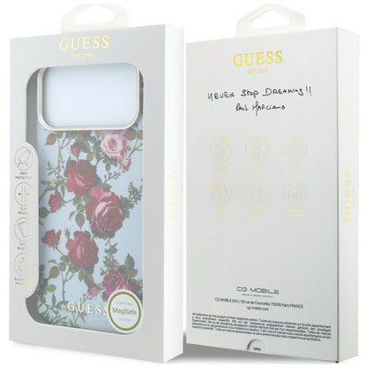 Puzdro MagSafe pre Apple iPhone 18 Pro / 17 Pro, Guess, Blossom Roses Print, modré
