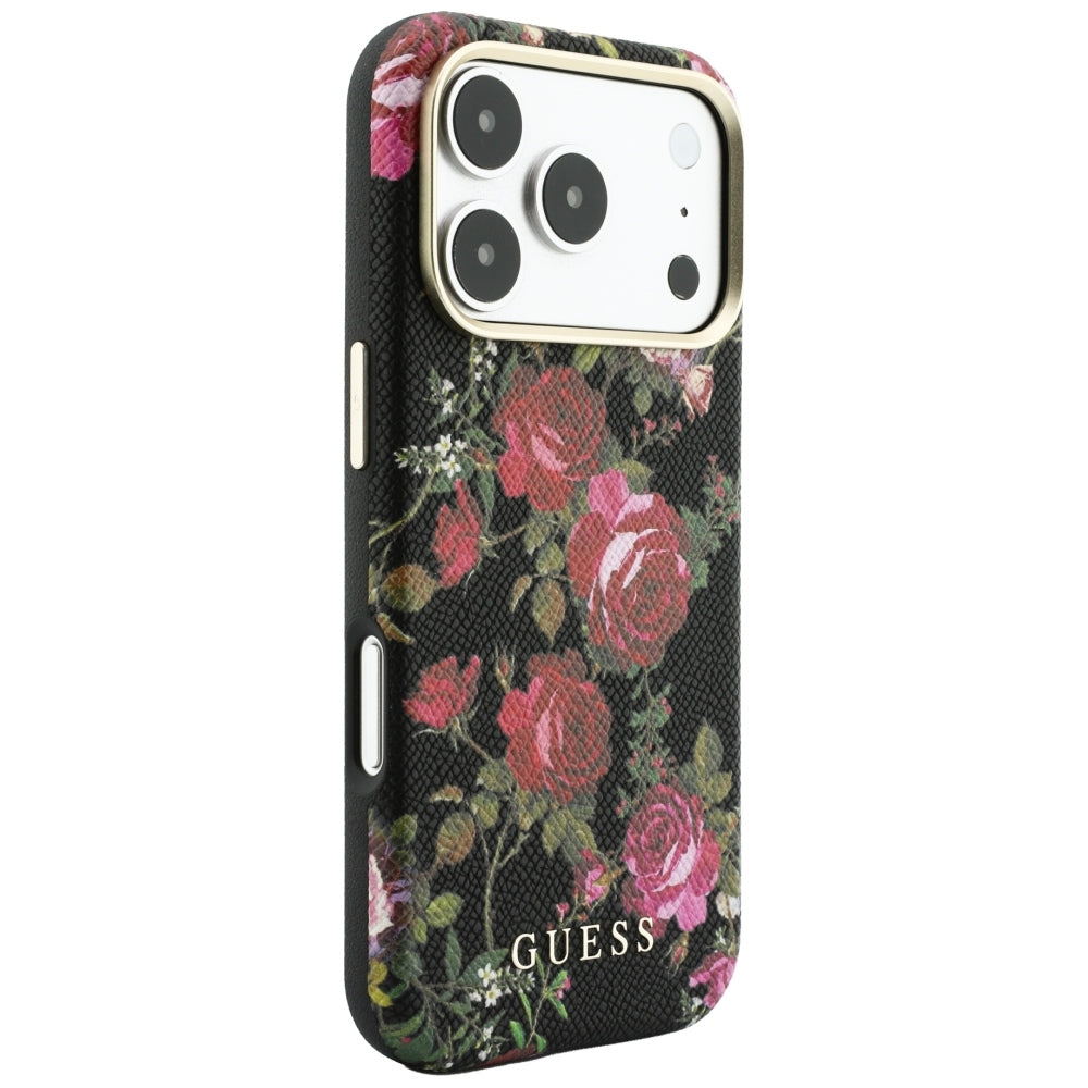 Puzdro MagSafe pre Apple iPhone 18 Pro / 17 Pro, Guess, Blossom Roses Print, čierne