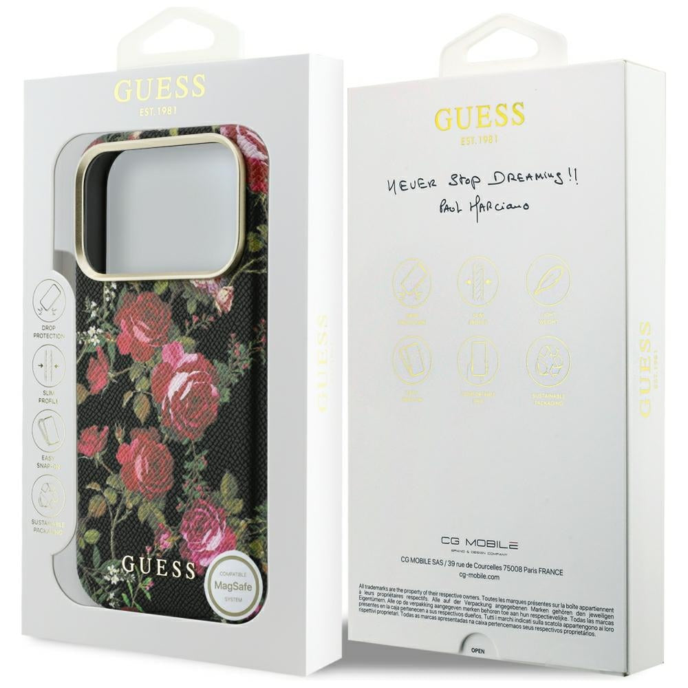 Puzdro MagSafe pre Apple iPhone 18 Pro / 17 Pro, Guess, Blossom Roses Print, čierne