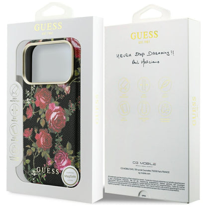 Puzdro MagSafe pre Apple iPhone 18 Pro / 17 Pro, Guess, Blossom Roses Print, čierne
