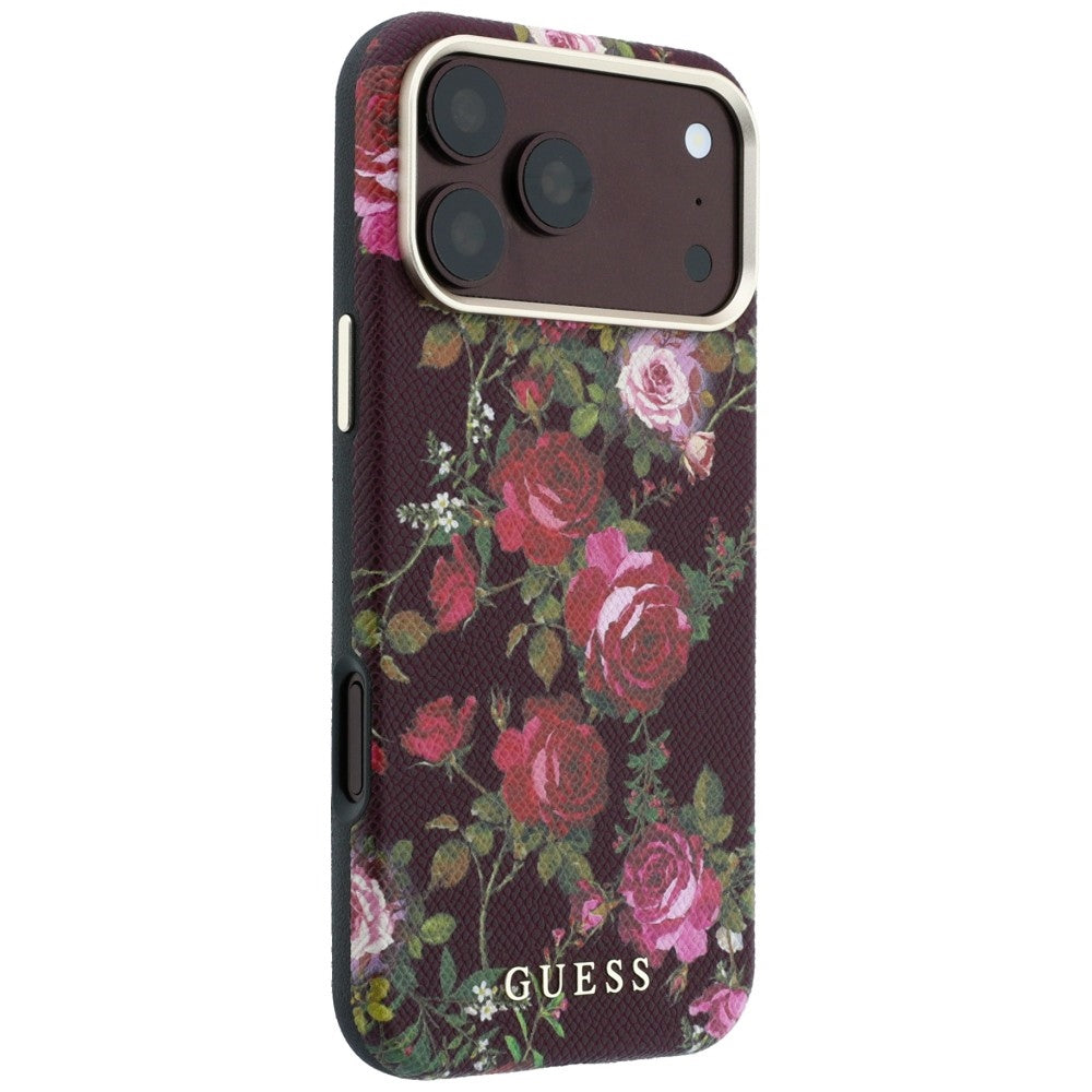 Puzdro MagSafe pre Apple iPhone 18 Pro / 17 Pro, Guess, Blossom Roses Print, bordové