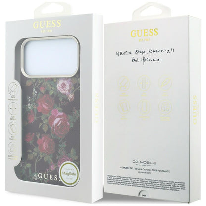 Puzdro MagSafe pre Apple iPhone 18 Pro / 17 Pro, Guess, Blossom Roses Print, bordové