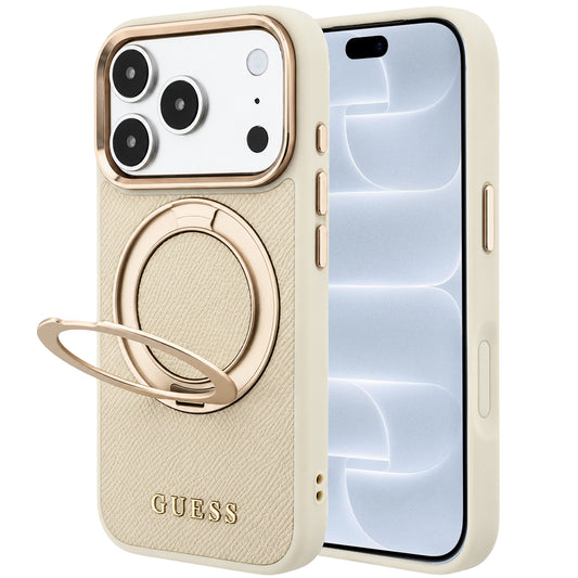 Puzdro MagSafe pre Apple iPhone 18 Pro / 17 Pro, Guess, Grained Ring Stand 360 Classic, béžové