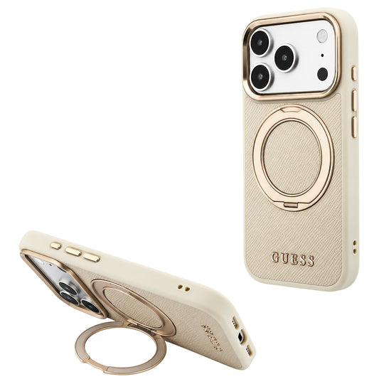 Puzdro MagSafe pre Apple iPhone 18 Pro / 17 Pro, Guess, Grained Ring Stand 360 Classic, béžové