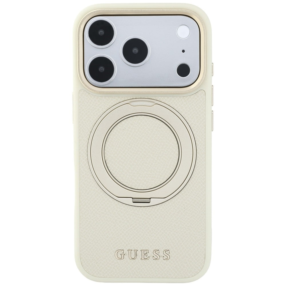 MagSafe Case for Apple iPhone 18 Pro / 17 Pro, Guess, Grained Ring Stand 360 Classic, Beige
