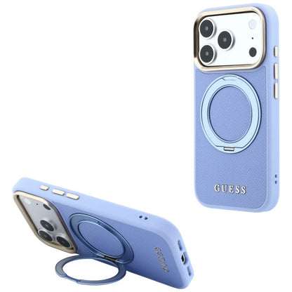 Puzdro MagSafe pre Apple iPhone 18 Pro / 17 Pro, Guess, Grained Ring Stand 360 Classic, modré