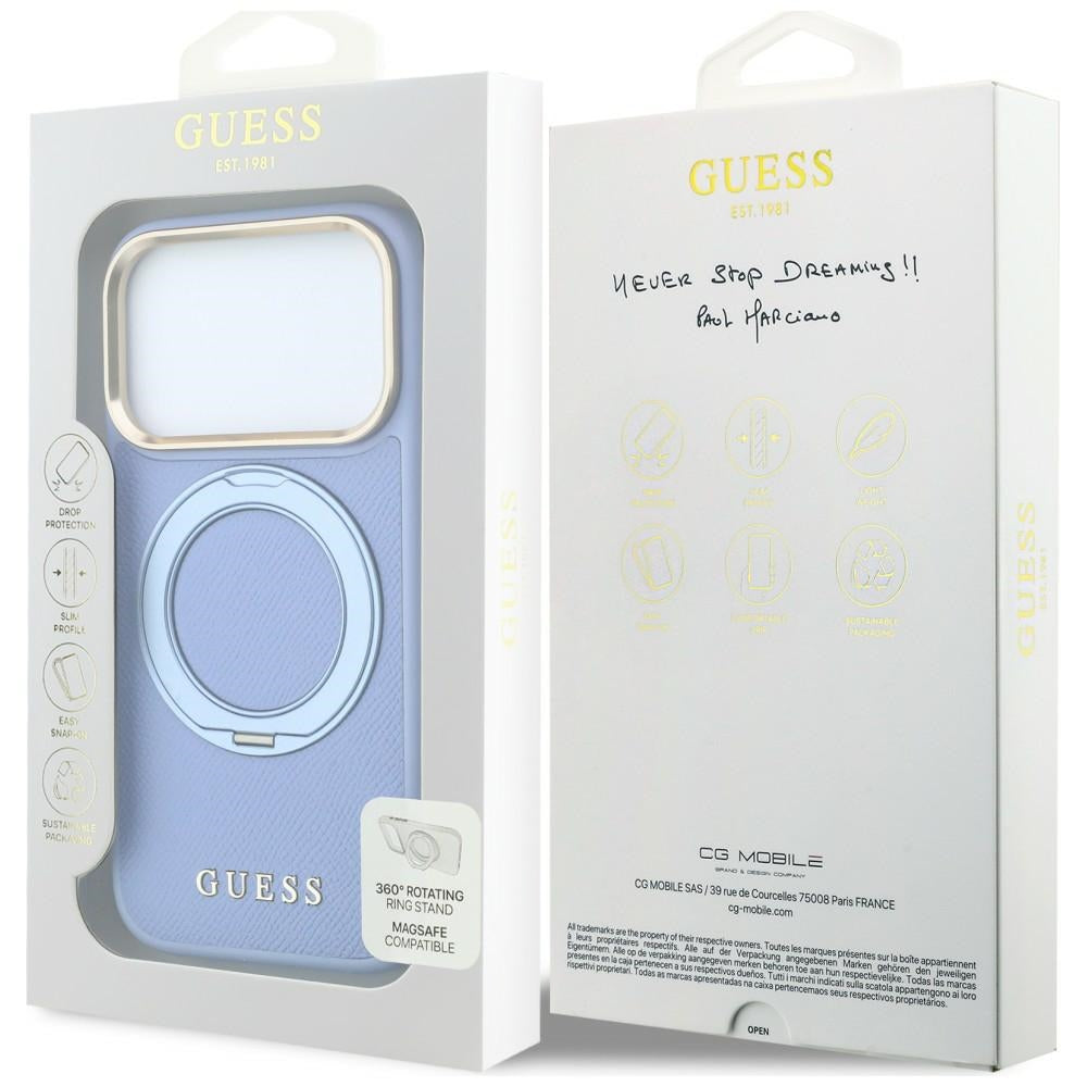 Puzdro MagSafe pre Apple iPhone 18 Pro / 17 Pro, Guess, Grained Ring Stand 360 Classic, modré