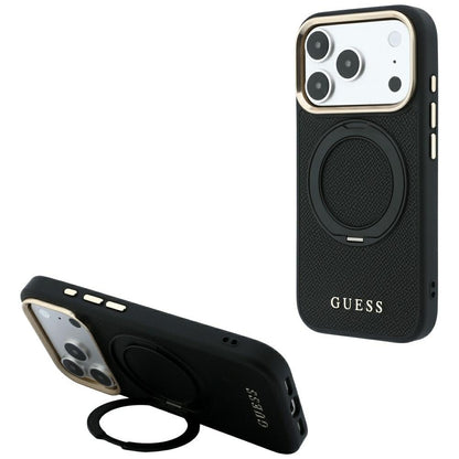 Puzdro MagSafe pre Apple iPhone 18 Pro / 17 Pro, Guess, Grained Ring Stand 360 Classic, čierne