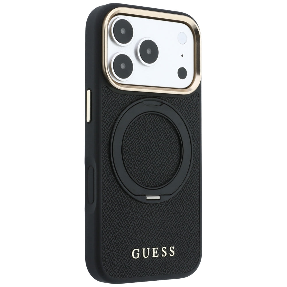 Puzdro MagSafe pre Apple iPhone 18 Pro / 17 Pro, Guess, Grained Ring Stand 360 Classic, čierne