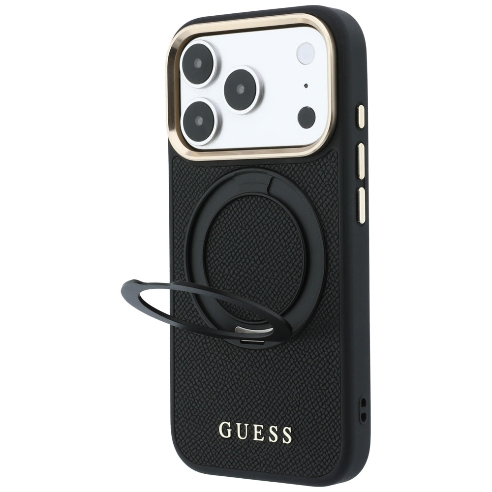Puzdro MagSafe pre Apple iPhone 18 Pro / 17 Pro, Guess, Grained Ring Stand 360 Classic, čierne