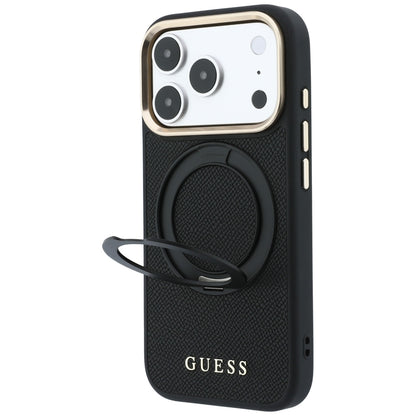 Puzdro MagSafe pre Apple iPhone 18 Pro / 17 Pro, Guess, Grained Ring Stand 360 Classic, čierne
