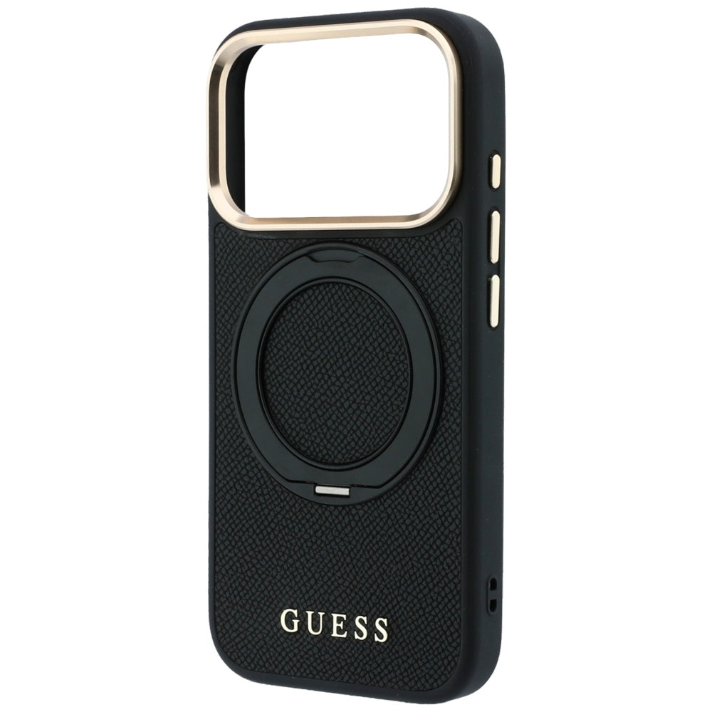 Puzdro MagSafe pre Apple iPhone 18 Pro / 17 Pro, Guess, Grained Ring Stand 360 Classic, čierne