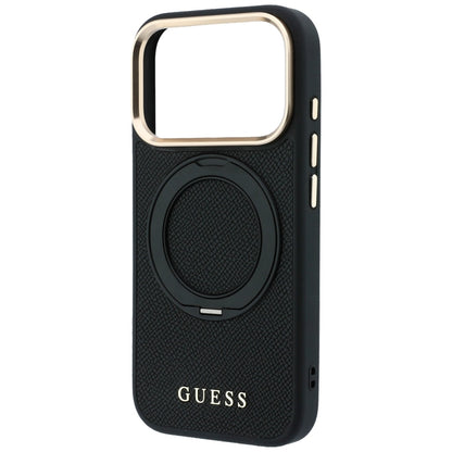 Puzdro MagSafe pre Apple iPhone 18 Pro / 17 Pro, Guess, Grained Ring Stand 360 Classic, čierne