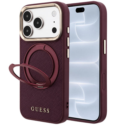 MagSafe Case for Apple iPhone 18 Pro / 17 Pro, Guess Grained Ring Stand 360 Classic, Burgundy