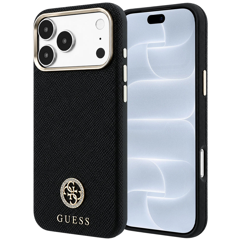 MagSafe puzdro pre Apple iPhone 18 Pro / 17 Pro, Guess, Štruktúrované okrúhle logo so štrasom, Čierne