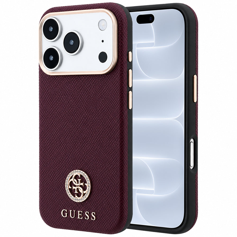 MagSafe puzdro pre Apple iPhone 18 Pro / 17 Pro, Guess, Štruktúrované okrúhle logo so štrasom, Bordové
