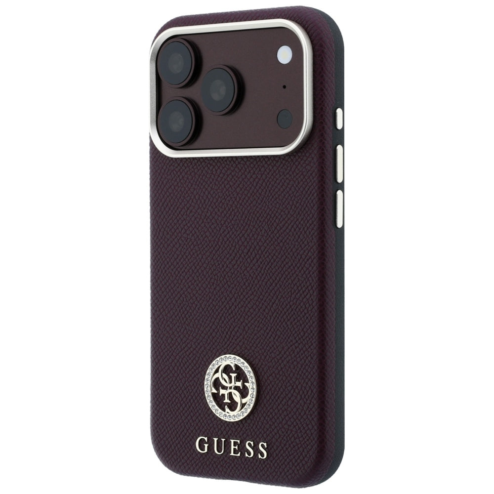 MagSafe puzdro pre Apple iPhone 18 Pro / 17 Pro, Guess, Štruktúrované okrúhle logo so štrasom, Bordové