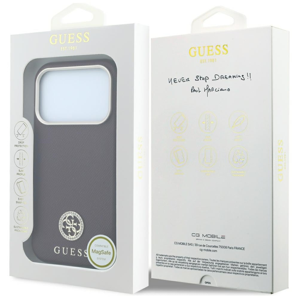 MagSafe puzdro pre Apple iPhone 18 Pro / 17 Pro, Guess, Štruktúrované okrúhle logo so štrasom, Bordové