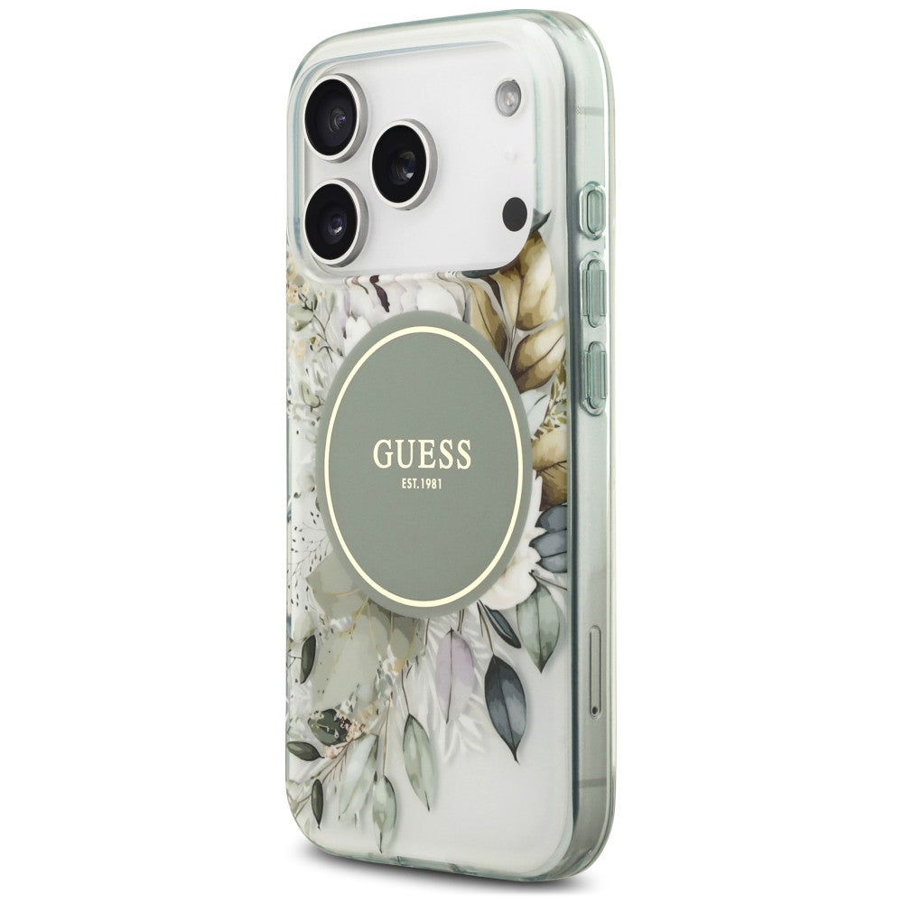 Puzdro MagSafe pre Apple iPhone 18 Pro / 17 Pro, Guess, IML Flower & Tonal Circle, zelené