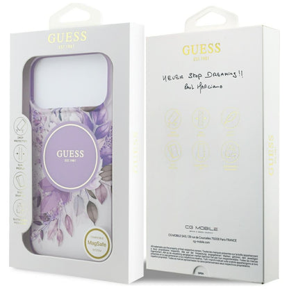 Puzdro MagSafe pre Apple iPhone 18 Pro / 17 Pro, Guess, IML Flowers with Pearl Strap, fialové