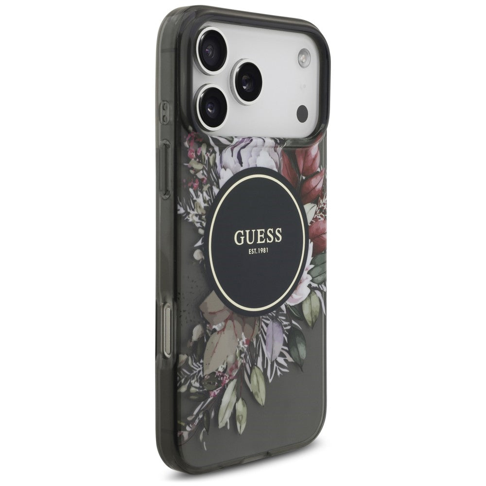 Puzdro MagSafe pre Apple iPhone 18 Pro / 17 Pro, Guess, IML Flowers with Pearl Strap, čierne