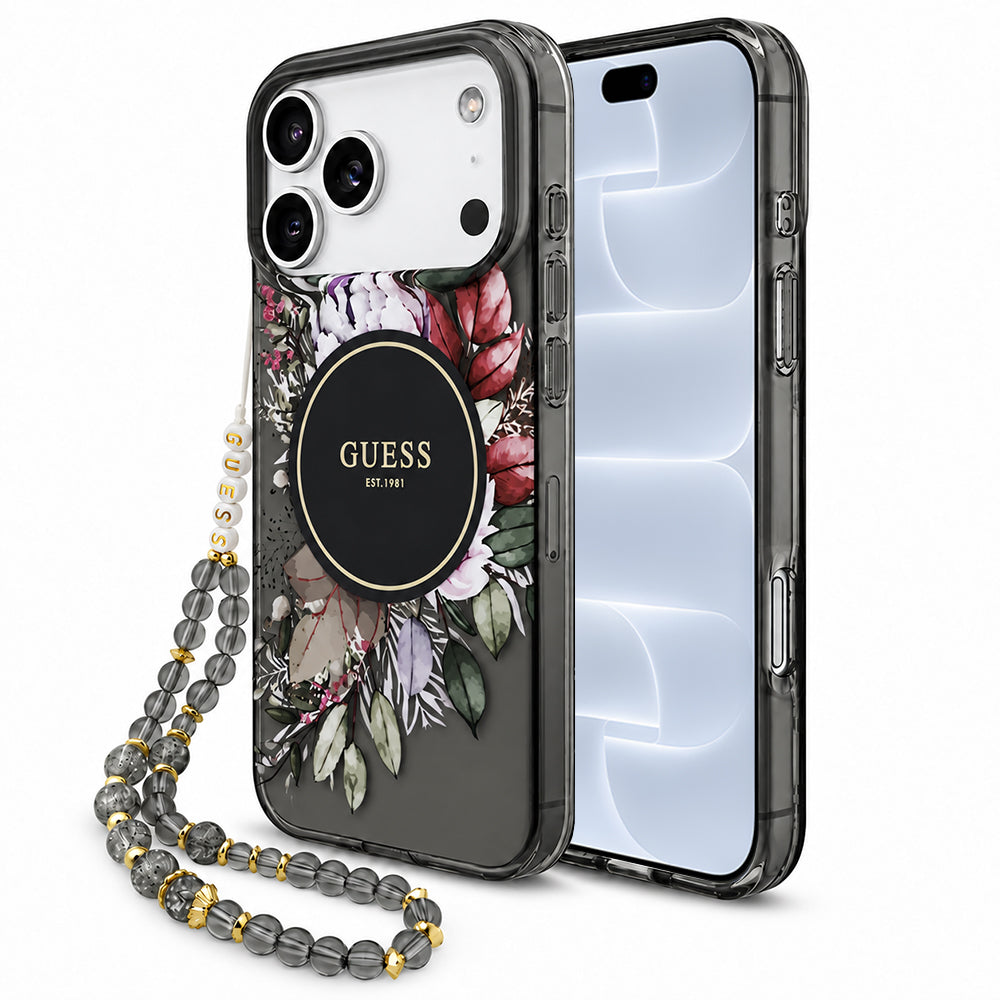 Puzdro MagSafe pre Apple iPhone 18 Pro / 17 Pro, Guess, IML Flowers with Pearl Strap, čierne