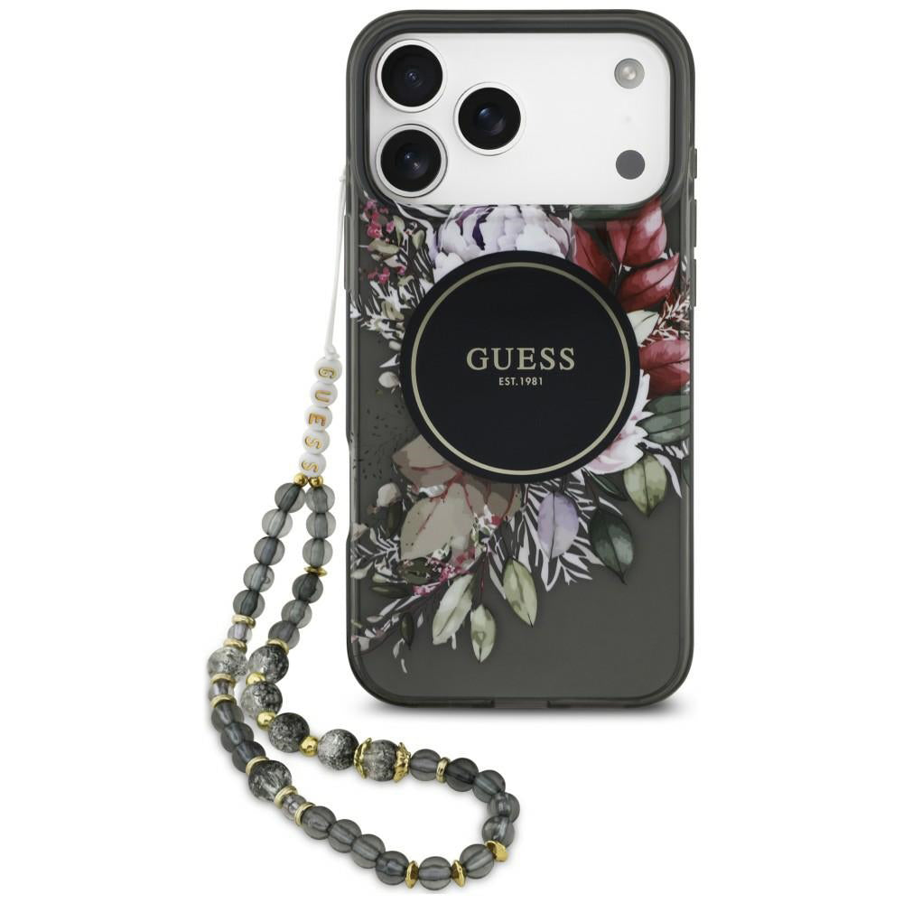 Puzdro MagSafe pre Apple iPhone 18 Pro / 17 Pro, Guess, IML Flowers with Pearl Strap, čierne