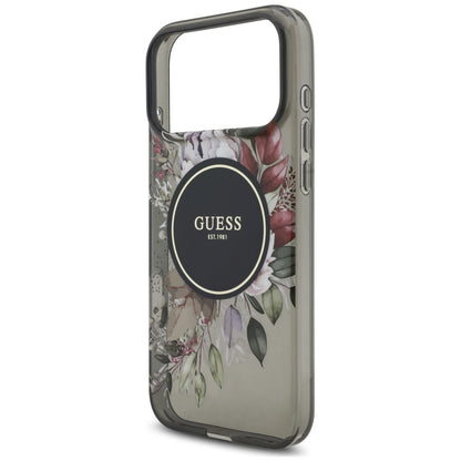 Puzdro MagSafe pre Apple iPhone 18 Pro / 17 Pro, Guess, IML Flowers with Pearl Strap, čierne