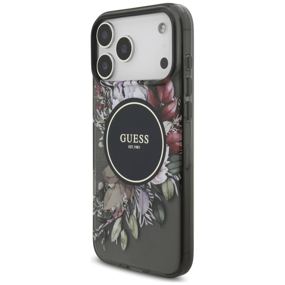 Puzdro MagSafe pre Apple iPhone 18 Pro / 17 Pro, Guess, IML Flowers with Pearl Strap, čierne