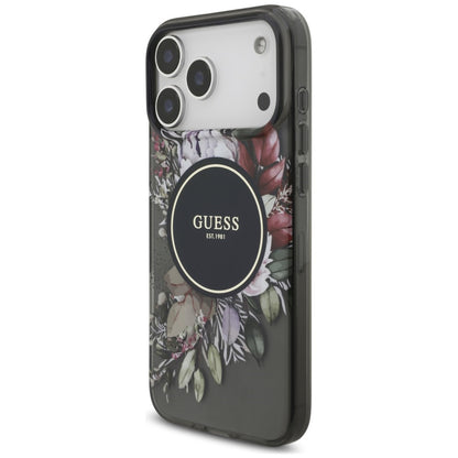Puzdro MagSafe pre Apple iPhone 18 Pro / 17 Pro, Guess, IML Flowers with Pearl Strap, čierne