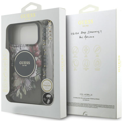 Puzdro MagSafe pre Apple iPhone 18 Pro / 17 Pro, Guess, IML Flowers with Pearl Strap, čierne