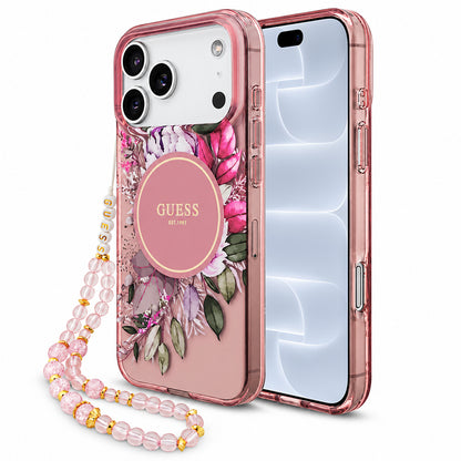 Puzdro MagSafe pre Apple iPhone 18 Pro / 17 Pro, Guess, IML Flowers with Pearl Strap, ružové