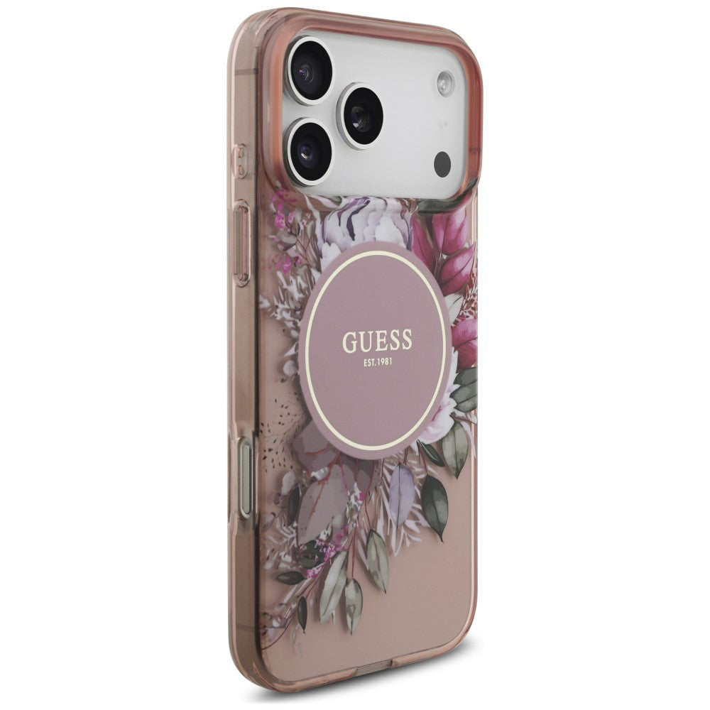 Puzdro MagSafe pre Apple iPhone 18 Pro / 17 Pro, Guess, IML Flowers with Pearl Strap, ružové