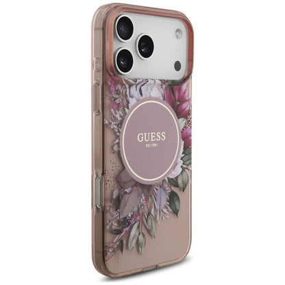 Puzdro MagSafe pre Apple iPhone 18 Pro / 17 Pro, Guess, IML Flowers with Pearl Strap, ružové