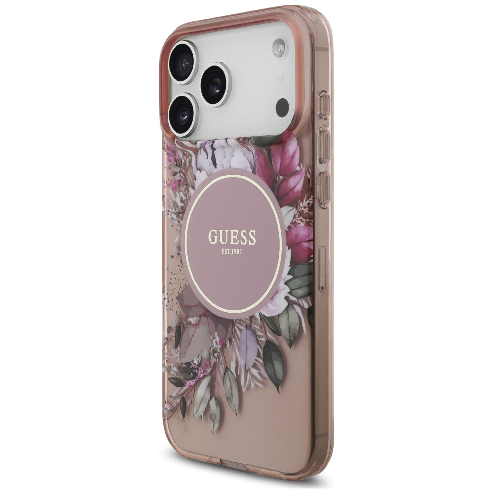 Puzdro MagSafe pre Apple iPhone 18 Pro / 17 Pro, Guess, IML Flowers with Pearl Strap, ružové