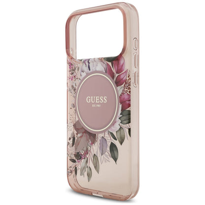 Puzdro MagSafe pre Apple iPhone 18 Pro / 17 Pro, Guess, IML Flowers with Pearl Strap, ružové