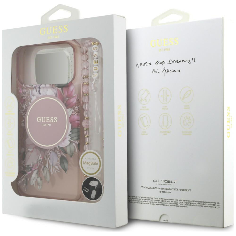 Puzdro MagSafe pre Apple iPhone 18 Pro / 17 Pro, Guess, IML Flowers with Pearl Strap, ružové
