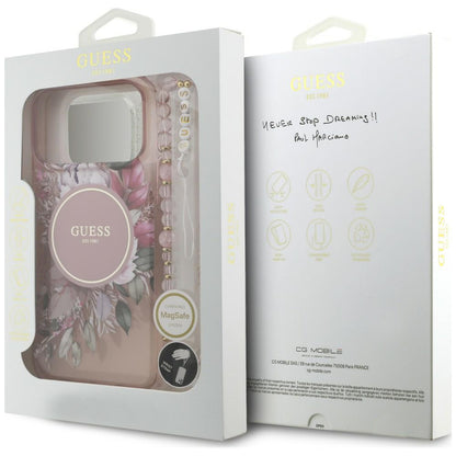 Puzdro MagSafe pre Apple iPhone 18 Pro / 17 Pro, Guess, IML Flowers with Pearl Strap, ružové