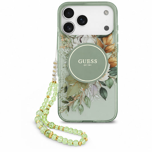 MagSafe Case for Apple iPhone 18 Pro / 17 Pro, Guess, IML Flowers with Pearl Strap, Green