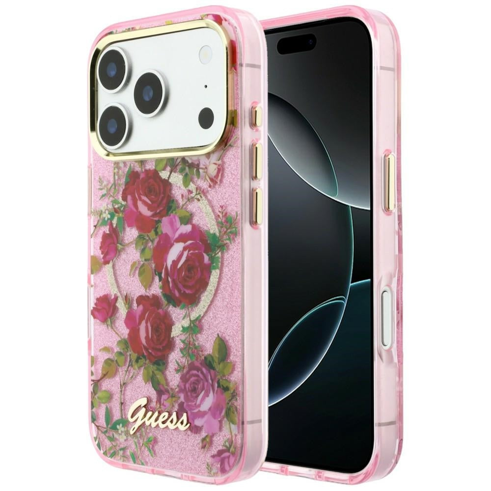 MagSafe puzdro pre Apple iPhone 18 Pro / 17 Pro, Guess, IML Glitter Blossom Roses, Ružové