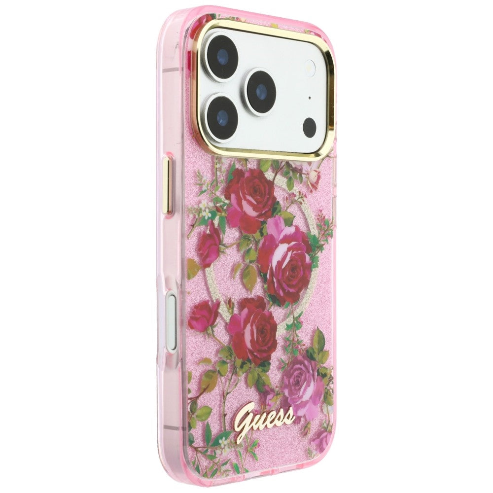 MagSafe puzdro pre Apple iPhone 18 Pro / 17 Pro, Guess, IML Glitter Blossom Roses, Ružové
