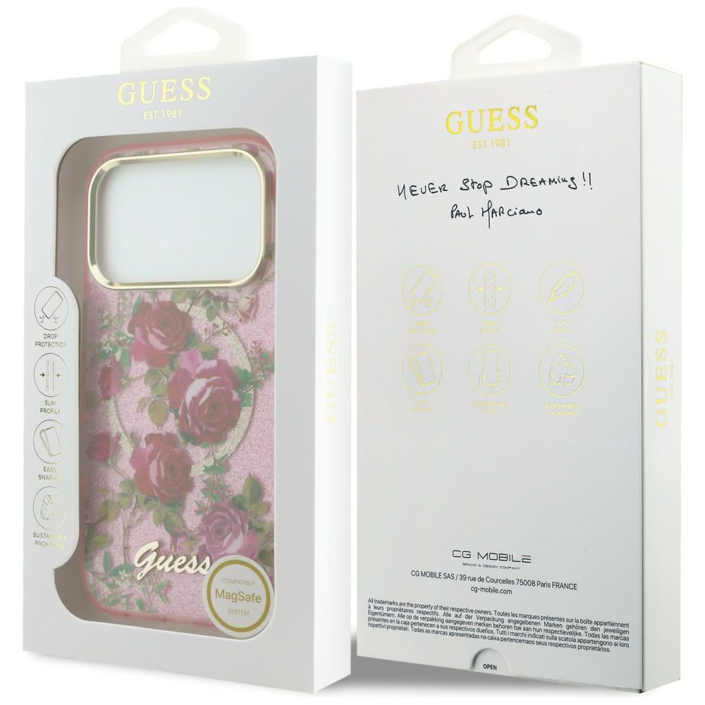 MagSafe puzdro pre Apple iPhone 18 Pro / 17 Pro, Guess, IML Glitter Blossom Roses, Ružové