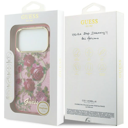 MagSafe puzdro pre Apple iPhone 18 Pro / 17 Pro, Guess, IML Glitter Blossom Roses, Ružové