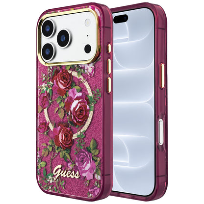 MagSafe puzdro pre Apple iPhone 18 Pro / 17 Pro, Guess, IML Glitter Blossom Roses, Bordová