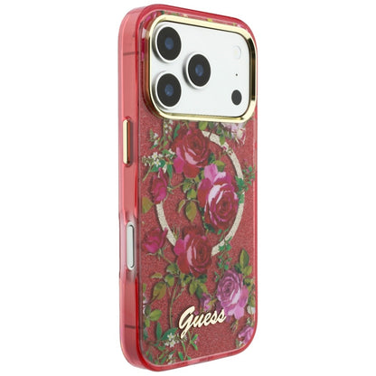 MagSafe puzdro pre Apple iPhone 18 Pro / 17 Pro, Guess, IML Glitter Blossom Roses, Bordová