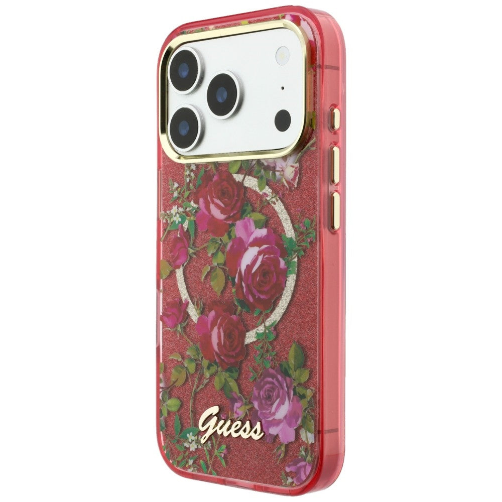 MagSafe puzdro pre Apple iPhone 18 Pro / 17 Pro, Guess, IML Glitter Blossom Roses, Bordová